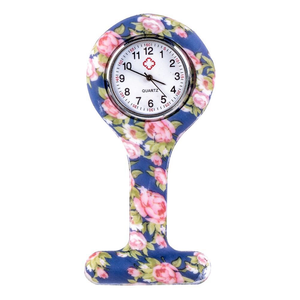 Blauw roze Pioen patroon Siliconen Verpleegkundigen Broche Tunic Fob Zakhorloge Roestvrij Wijzerplaat