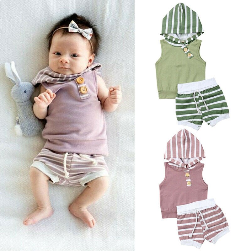 Baby Zomer Kleding Peuter Baby Meisje Jongen Casual Kleding Sets Hooded Streep Tops Vest Korte Broek Outfits 2 Stuks set 0-18 M