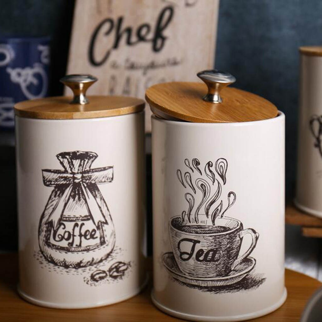 3Pcs Keuken Opslag Blikken Bus Set Bamboe Deksel Thee Koffie Suiker Brood Bin Jar