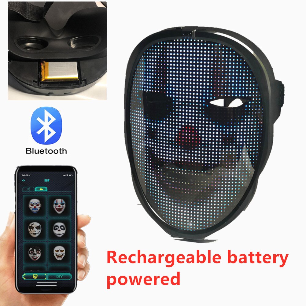 Full color Bluetooth Party LED Lights Up Disco Wine Bar Dynamic Flashing LED Mask, Raves APP Diy Picture Text Photo Upload: Lithium battery