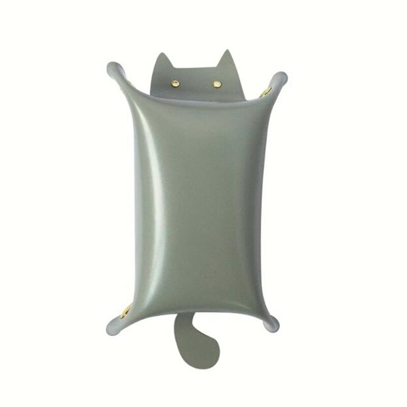 Portable Cat Shape Leather Storage Tray Key Desktop Jewelry Box Coin Makeup Tray Household Folding Tray Storage Box: gray
