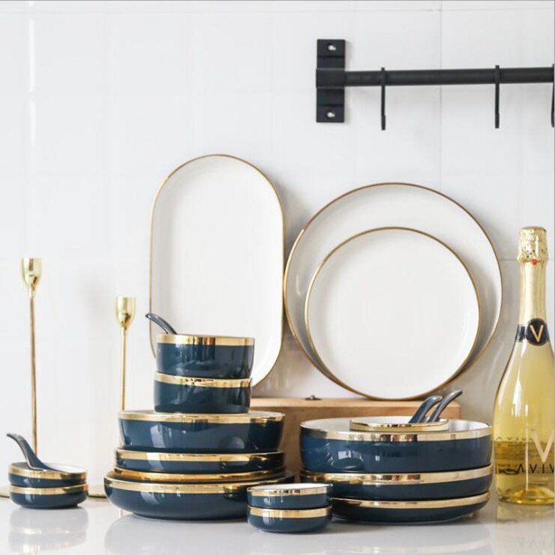 Blue Ceramic Dinner Plate Gold Edge Kitchen Plate Tableware Set Luxury Western Tray Beef Dessert Plate Cake Dish Spoon Bowl 1pc