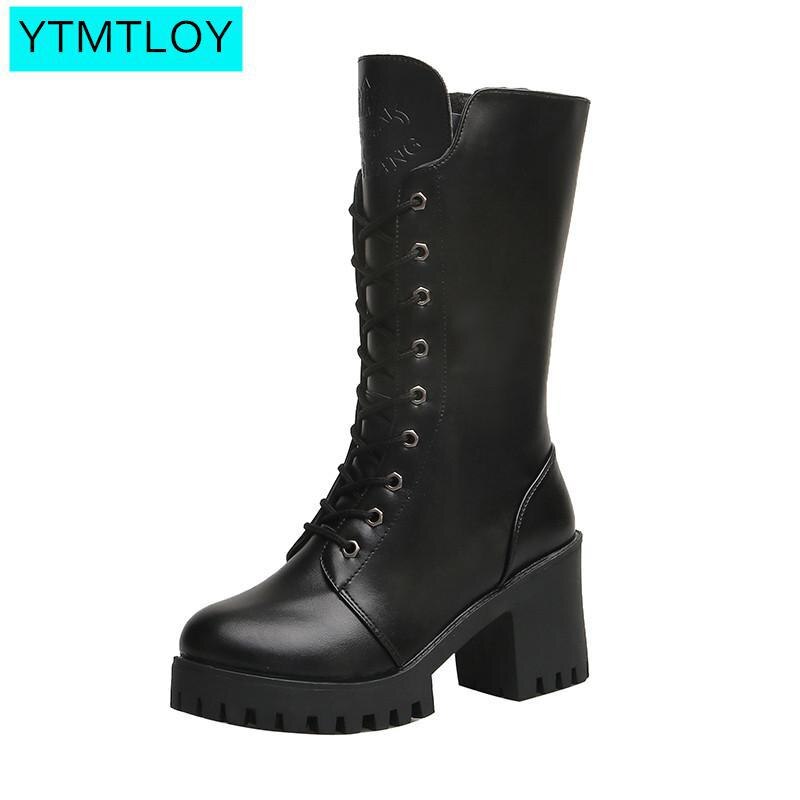 Ytmtloy Winter Herfst Hoge Laarzen Vrouwen Mode Zwart Vierkant Hak Vrouw Lederen Schoenen Winter Pu Grote Maat 41: 35
