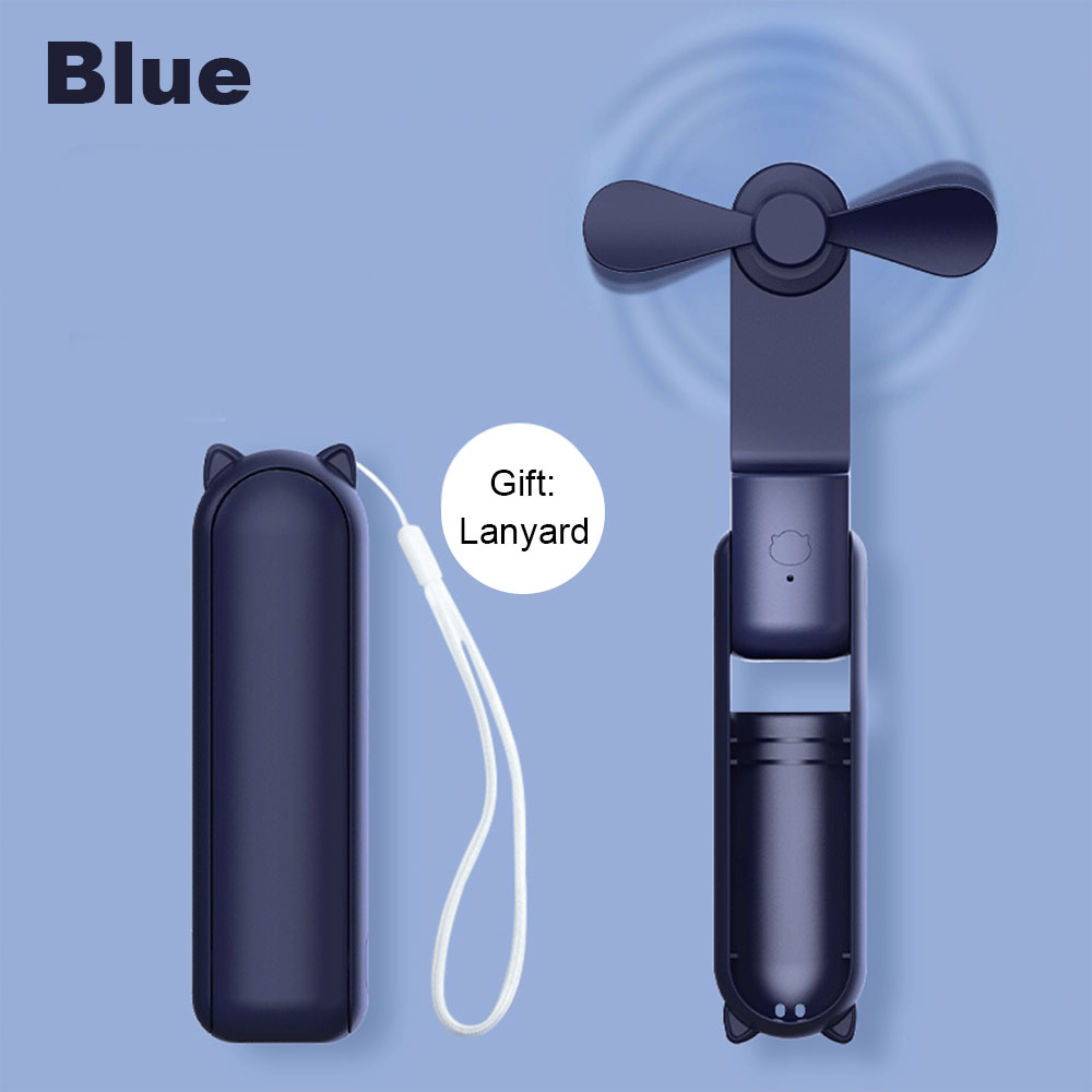 Bærbar ventilator 2000 mah usb genopladelig 3 hastigheder mini håndholdt foldbar ventilator håndholdt lille lommerejseventilator med praktisk powerbank: Blå