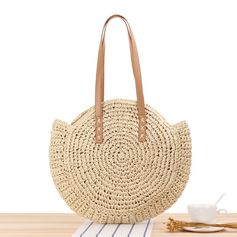 Bolso de playa de paja para mujer, bolsa de rafia tejida a mano de estilo bohemio e informal y con redondo para el verano: Beige  L