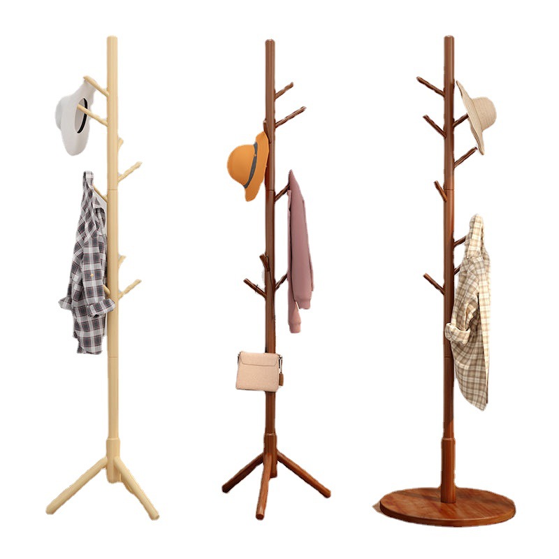 Solid wood coat rack, floor standing clothes hanger, household simple clothes drying and bag hanging rack