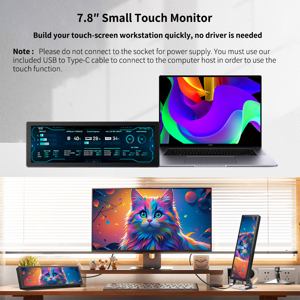 7.8 inch Touch Long Wide Monitor HDMI PC Temperature Display PC Sensor Panel Display Small Extender Monitor