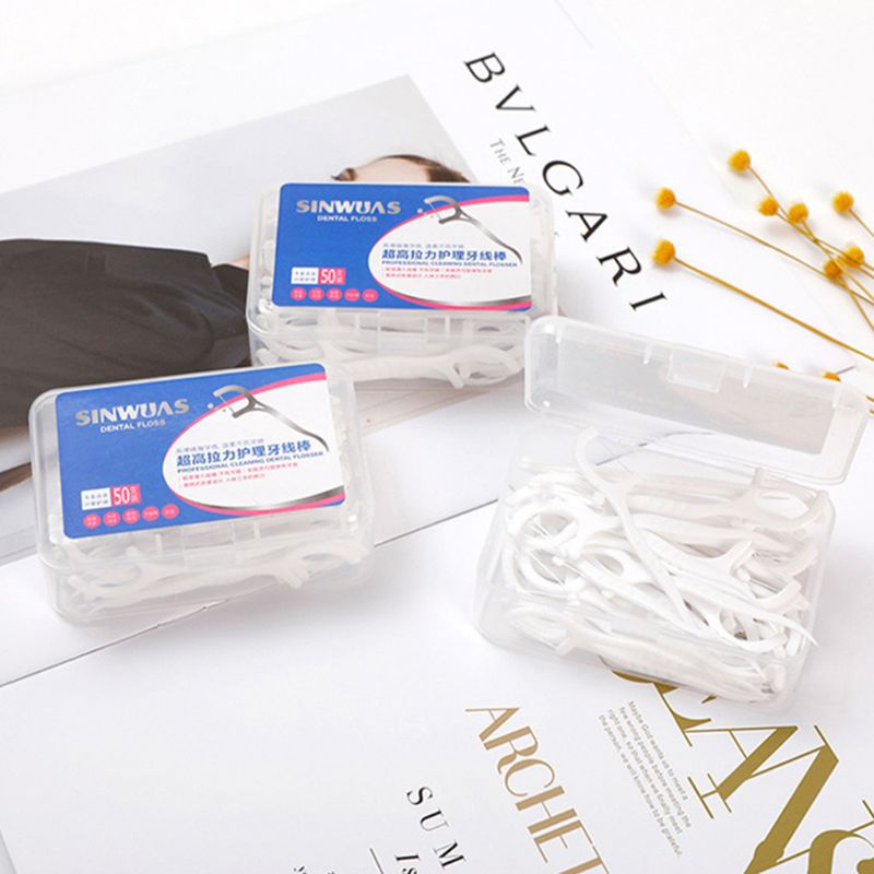 Palillo de hilo Dental superfino desechable, limpiador de dientes en forma de arco, herramienta de higiene bucal con estuche portátil, 50 unids/caja