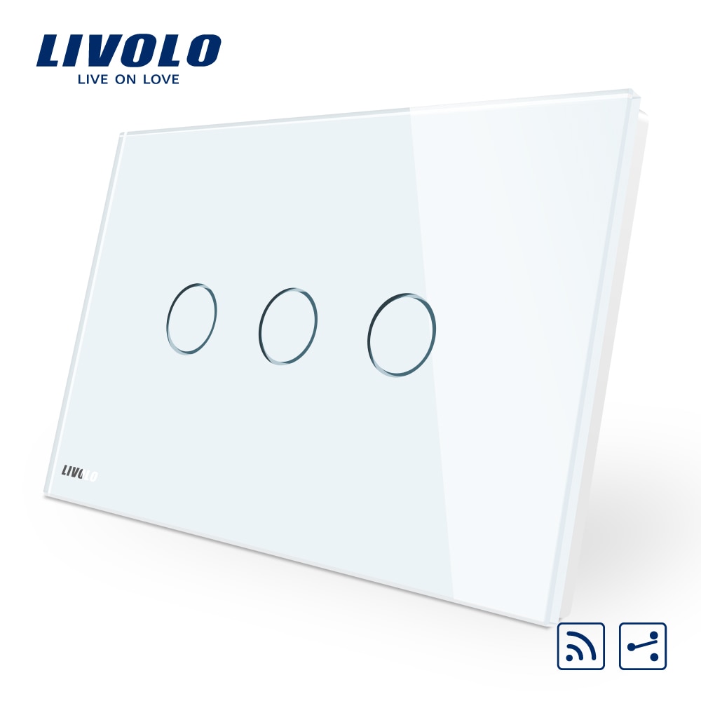 Livolo Touch Schakelaar, Au/Us Standaard, VL-C903SR-11,3-Gang 2-Weg Afstandsbediening Touch Light Switch, Crystal Glass Panel, Led Indicator