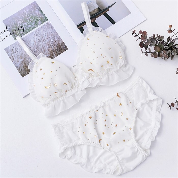 Japanese Womens Sweet Star Print No rims Bra & Briefs Sets Lolita Bowknot Ruffle Underwear Sets Breathable Teen Girls Bra Sets