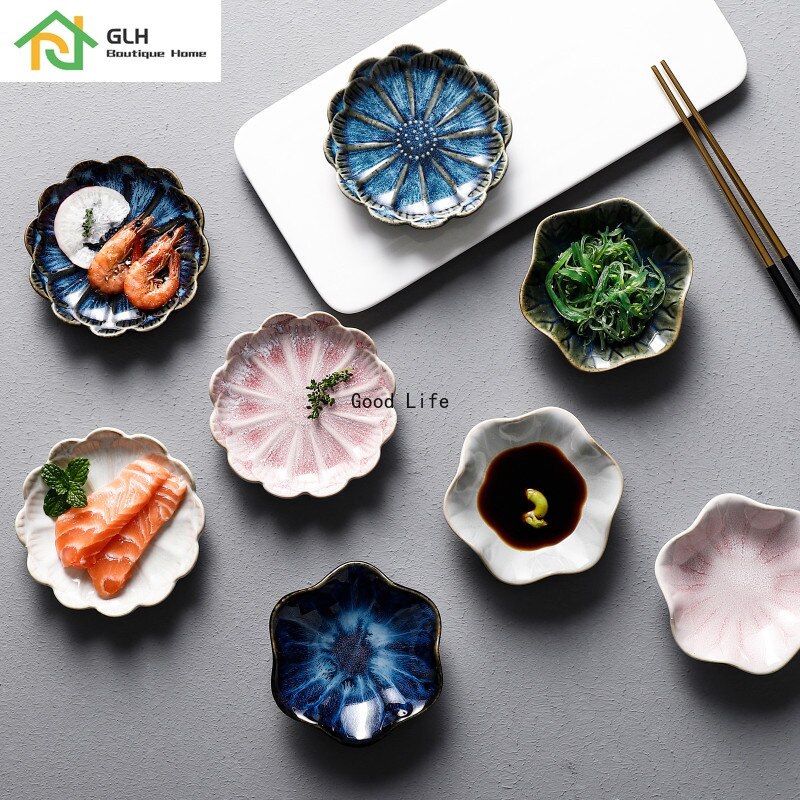 1pc små keramiske tallerkener porcelænsovn glaseret blomst form sauce fad japansk stil pickled dip serveringsfade