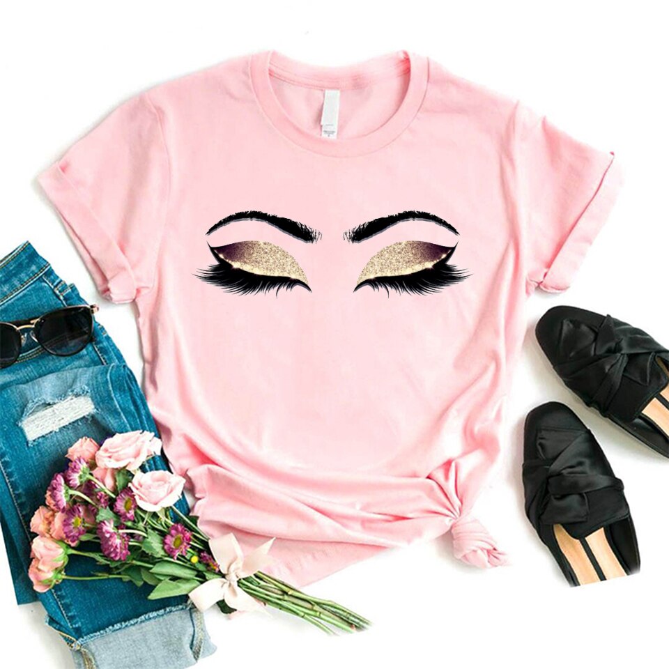 Frauen Wimpern Rosa Kunst T Shirt Mädchen Camiseta Maquillaje Koszulki machen-hoch Hipster Grafik T-Shirt Weibliche Tumblr T-Shirt Schiff