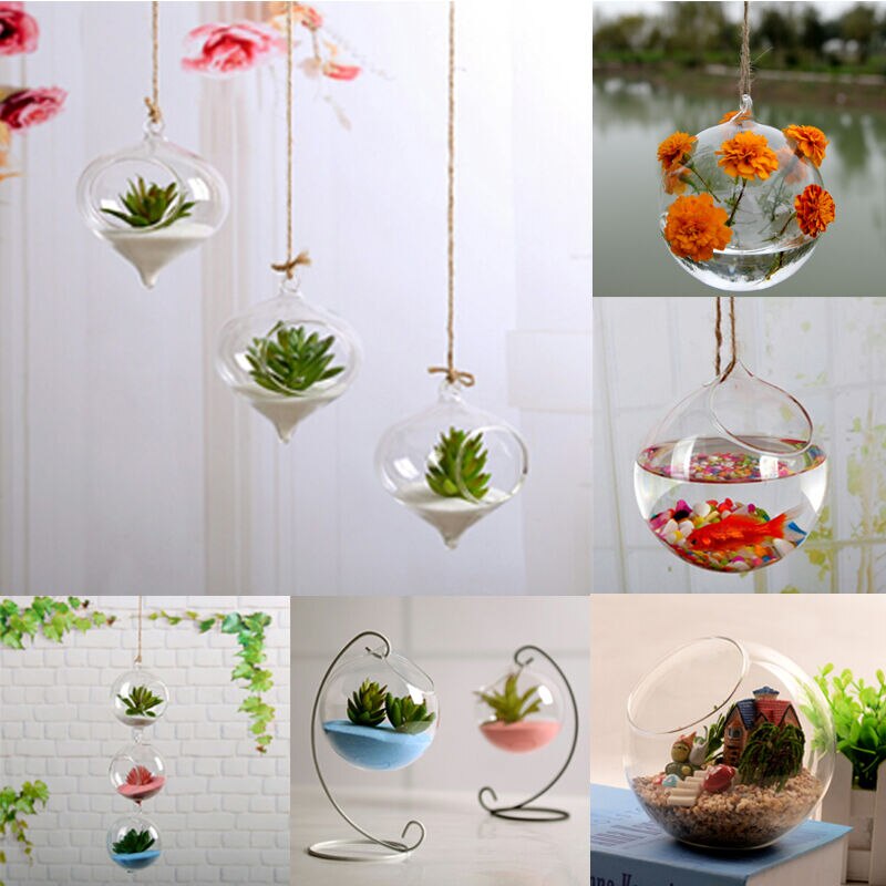 Jarrón maceta colgante de cristal transparente para el hogar, terrario, contenedor de pecera, recipiente acuario, decoración del hogar