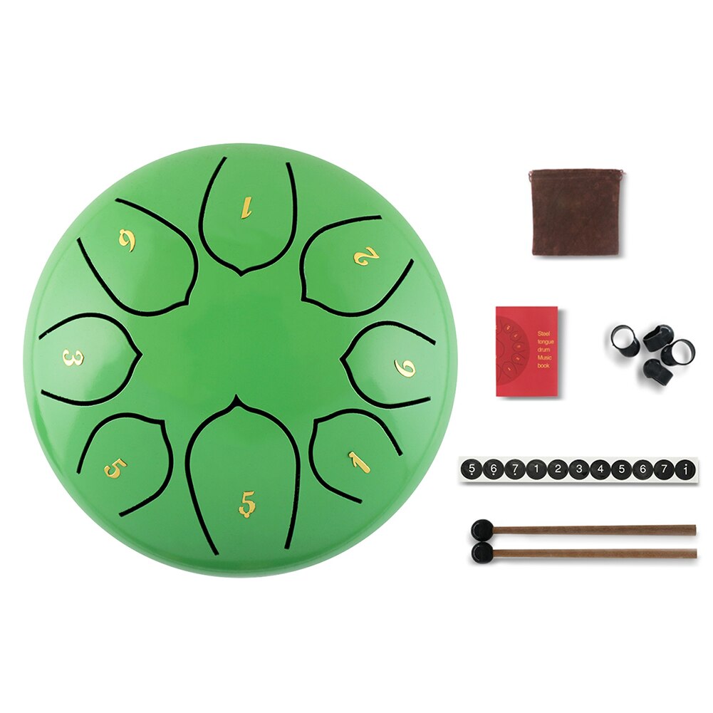 6 Inch Staal Tong Drum 8 Tune Notes Hand Pan Tank Drum Met Zak Drumsticks Sticker Voor Kinderen Beginner Percussie: Bean green