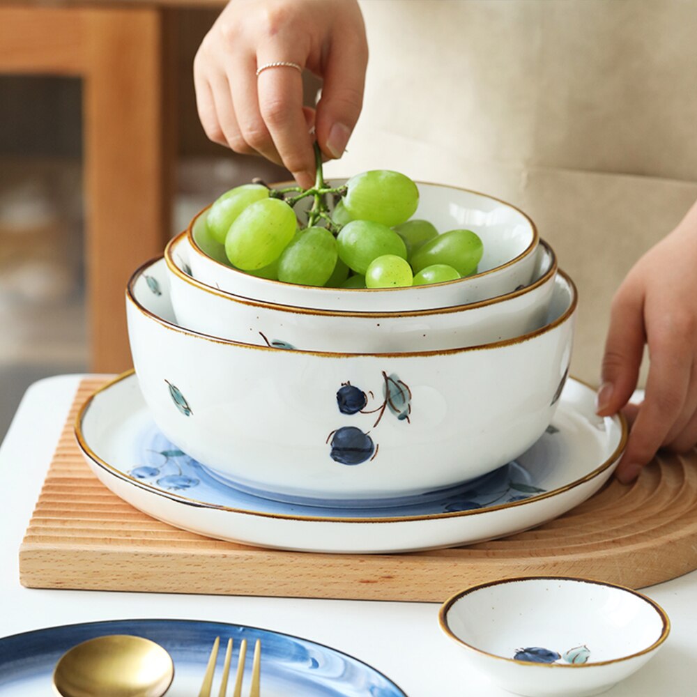 Home Gold Edge Blueberry Ceramic Tableware Heatable Oven Plate Soup Bowl Food Plate For Bread Noodles Salad Bakeware