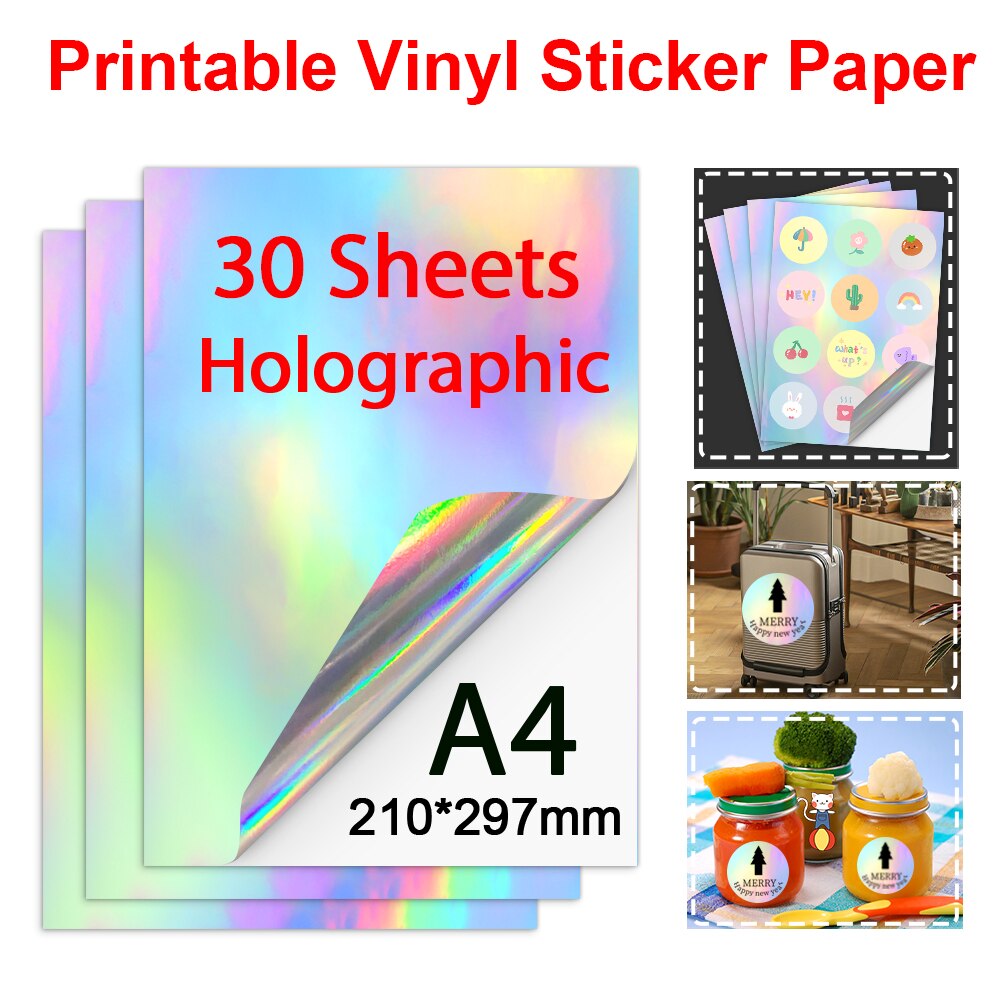50 blätter A4 transparent Druckbare Vinyl Aufkleber Papier Wasserdicht Weiß Holographische Vinyl Etikett Aufkleber für Alle Inkjet Drucker: 30-holografisch