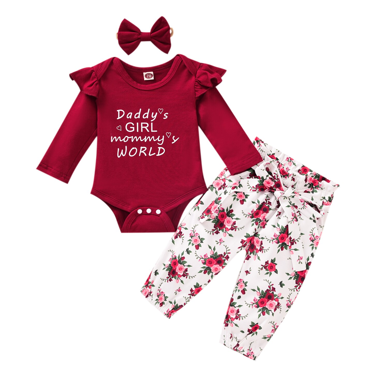 3 -teiliges herbst-Baby-mädchen-einstellen: strampler mit buchstabenmuster, oberteil, geblümter Schlauch, stirnband, lässiges baumwoll-Outfit: verrotten / 12m