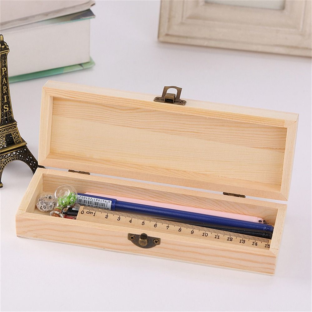 Rectangle Wooden Pencil Box Unpainted Makeup Organizer Stationery Box Pen Container Plain Wooden Storage Box Office Bedroom