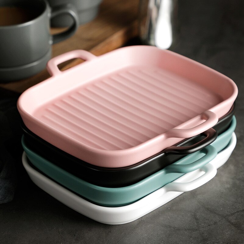 Nordic Ceramic Plate Rectangular Ceramic Plate with Handle Matte Satin Chassis Oven Baking Pan Western Roasted Wing Pan