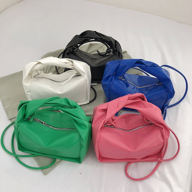Korean Style Summer New Soft PU Leather Hobo Shoulder Bag Fashion Pleated Handle Handbag for Women Designer Crossbody Bag Female