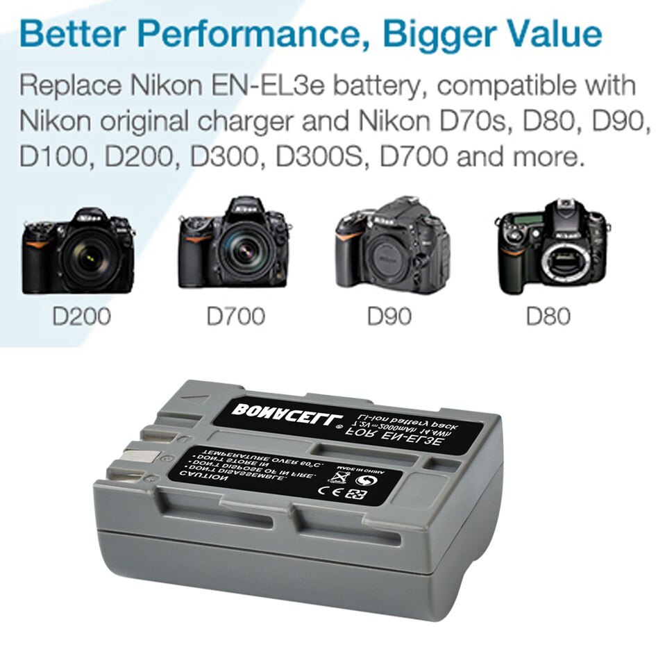 Bonacell 2000mAh EN-EL3E batería y LED cargador para Nikon D50 D70 D70s D80 D90 D100 D200 D300 D300S D700 Cámaras SLR digitales L5