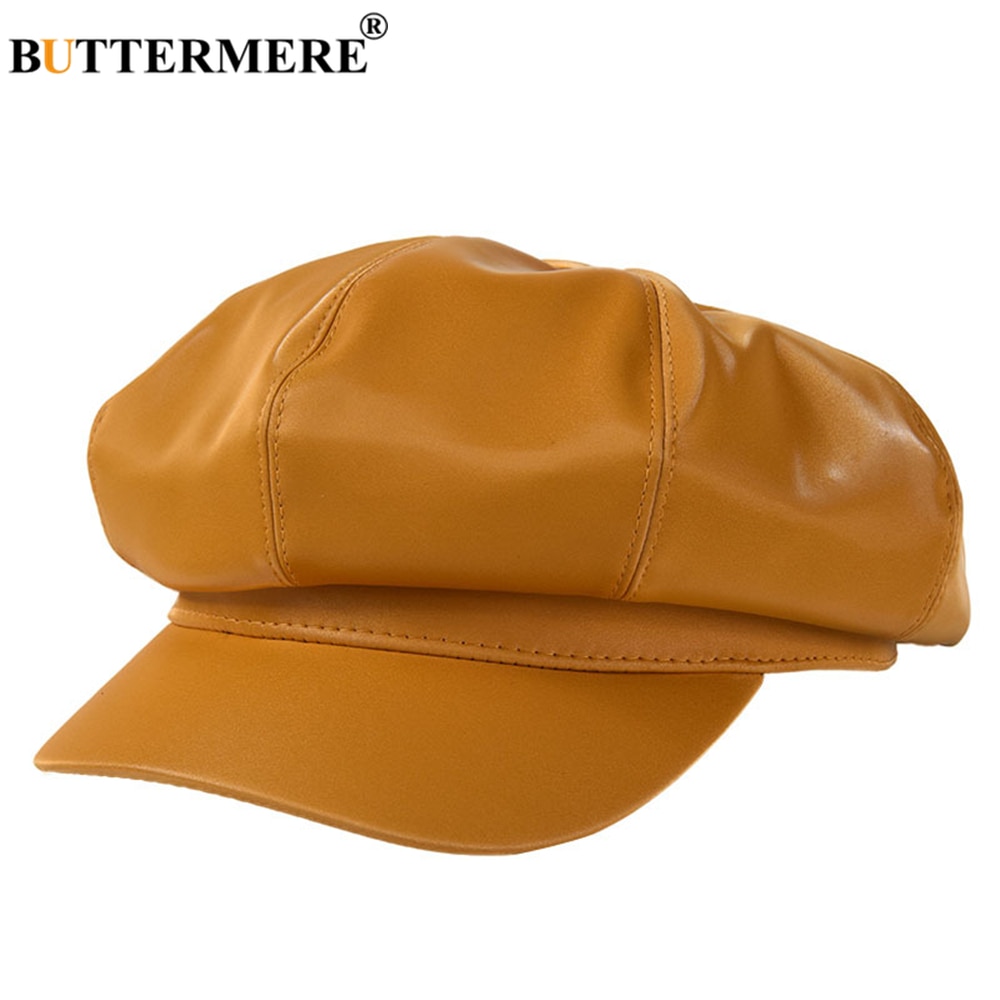 Gorro octogonal de cuero BUTTERMERE, Boina de hiedra plana sólida para mujer, gorra amarilla Newsboy , nuevos sombreros de invierno Vintage para mujer Duckbill