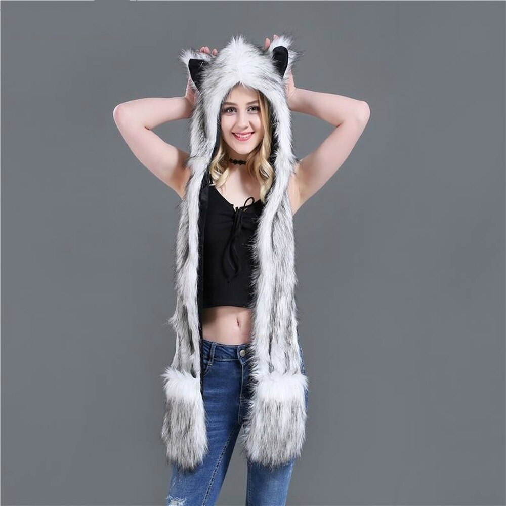 Women Animal Hat Ear Flaps Hand Pockets Warm Winter Faux Fur Hat Fluffy Plush Cap Hood Scarf Shawl Glove