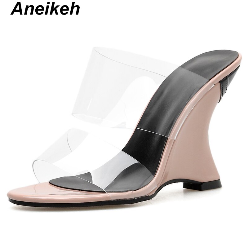 Aneikeh sommar fritid pvc tofflor genomskinliga kilar damskor högklackat tofflor slip on slides rosa grön 35-42