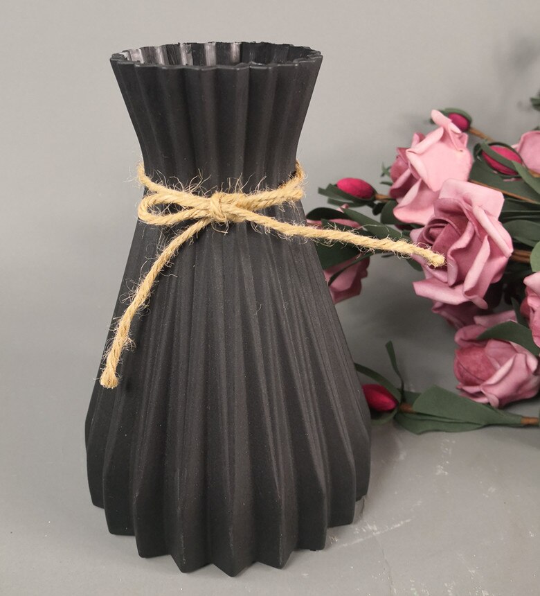 White Imitation Rattan Plastic Vase with Waist Flowers Vases for Homes Living Room Decoration Vase: Black