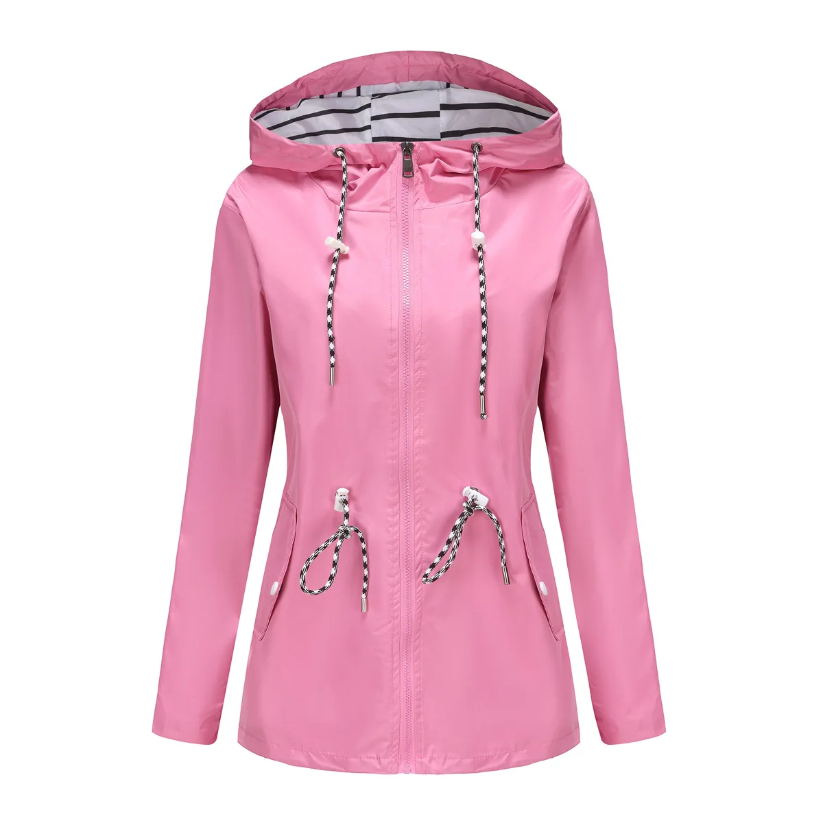 Blue Waterproof Hooded Jacket Women Casual Coat Waist Drawstring Tie Zipper Switch Red Green Yellow Black Windbreaker: XXXL / Pink