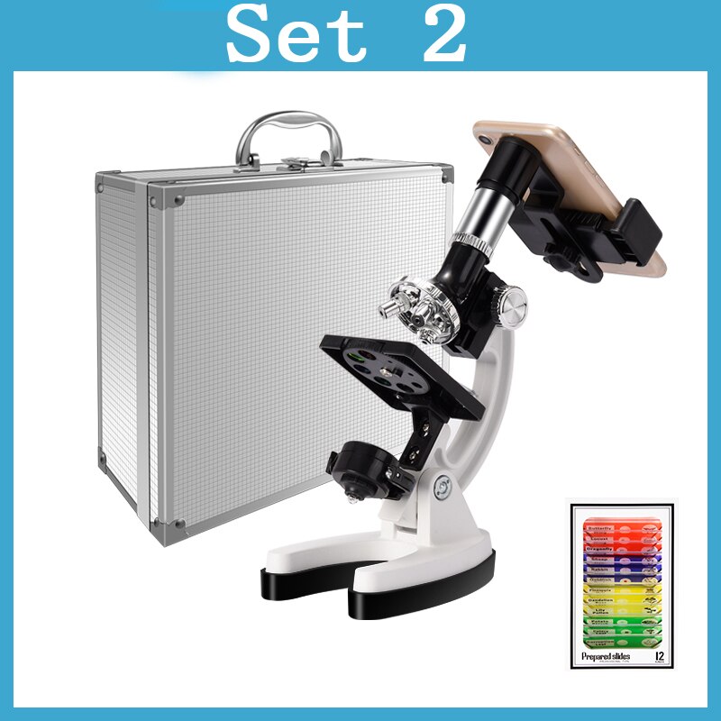 100X-600X-1200X Kids Beginner Biological Upgraded Microscope Metal Body LED/Mirror Light Source with Carrying Alloy Storage Box: Set Two