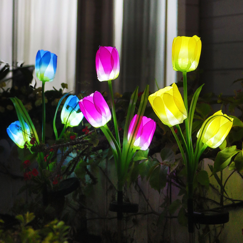Lámpara decorativa de jardín con forma de flor de tulipán alimentada por energía Solar, iluminación de paisaje exterior única para camino de jardín, luces de estaca para césped N01