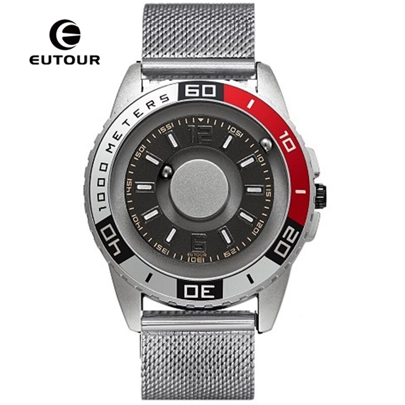 EUTOUR Innovative Black Sliver Magnet Magnetic Metal Multifunctional Watch Men's Sports Quartz Watch Cool Watch Male Reloj: Black Steel Band