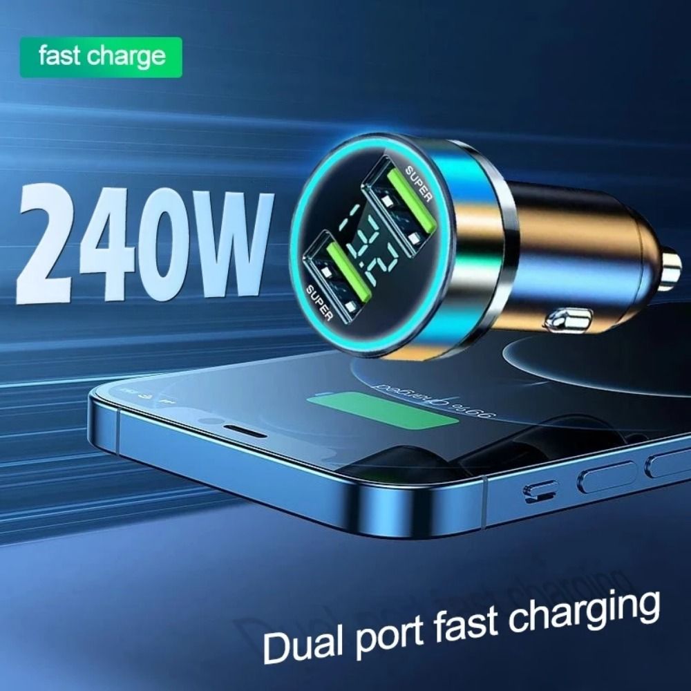 Cargador de teléfono para coche con puertos USB duales, adaptador tipo C de carga rápida de 240W para coche de 12-24v, no se puede apagar fácilmente