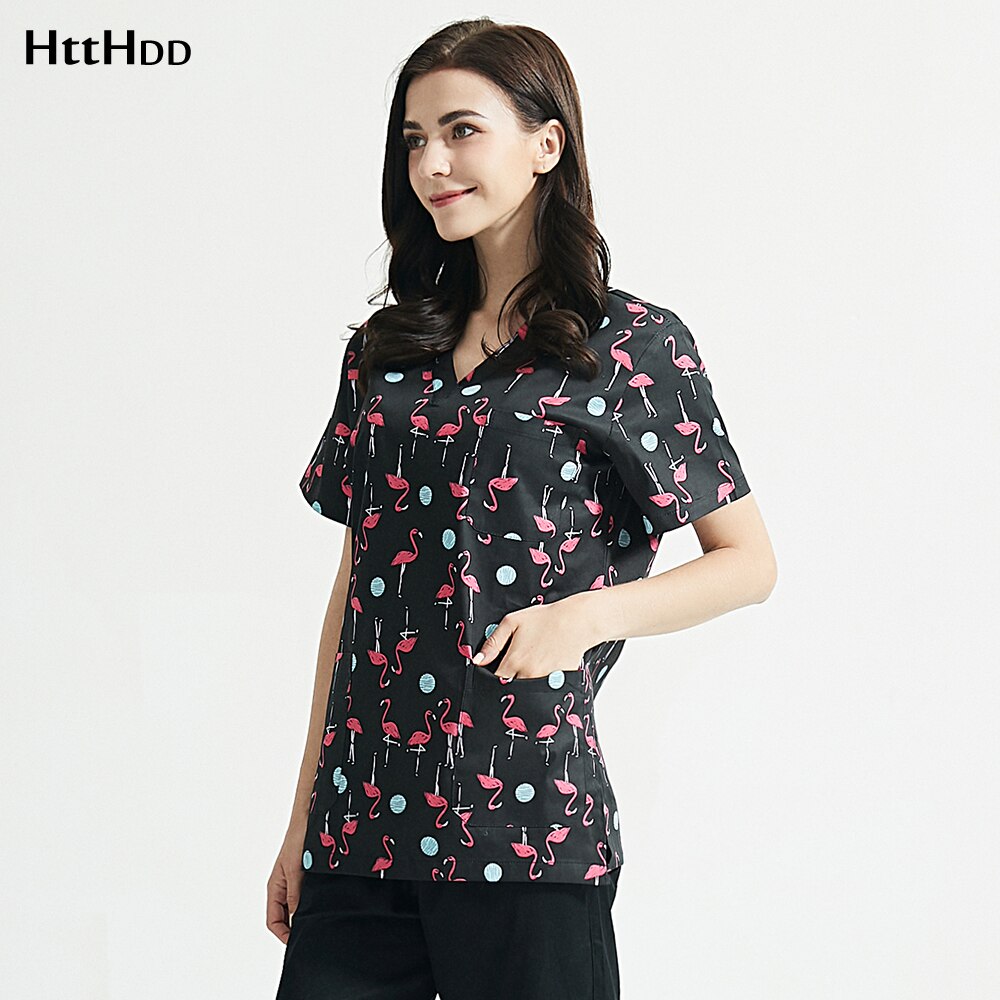 Korte Mouwen Schoonheidssalon Werk Suits Vrouw 100% Katoen Afdrukken Scrubs Tops/Broek Kostuum V-hals Scrubs Uniformen vrouwen