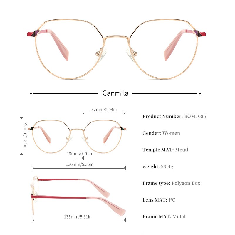 Eyewear Glasses Frame Vintage Women Metal Ultralight Prescription Eyeglasses Retro Optical Myopia Canmila BOM1085