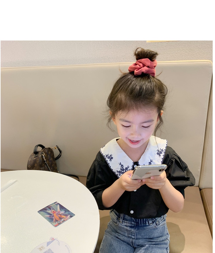 Camisa de algodón Floral para bebé, blusa con cuello vuelto con bordado de flores para niña pequeña, Tops de manga corta a cuadros de algodón para niño, ropa: black / 4 años