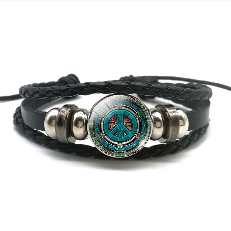 Peace Sign Hippie Style Men Women Black Rope Leather Bracelet Peace Symbol Charm Jewelry: size 1