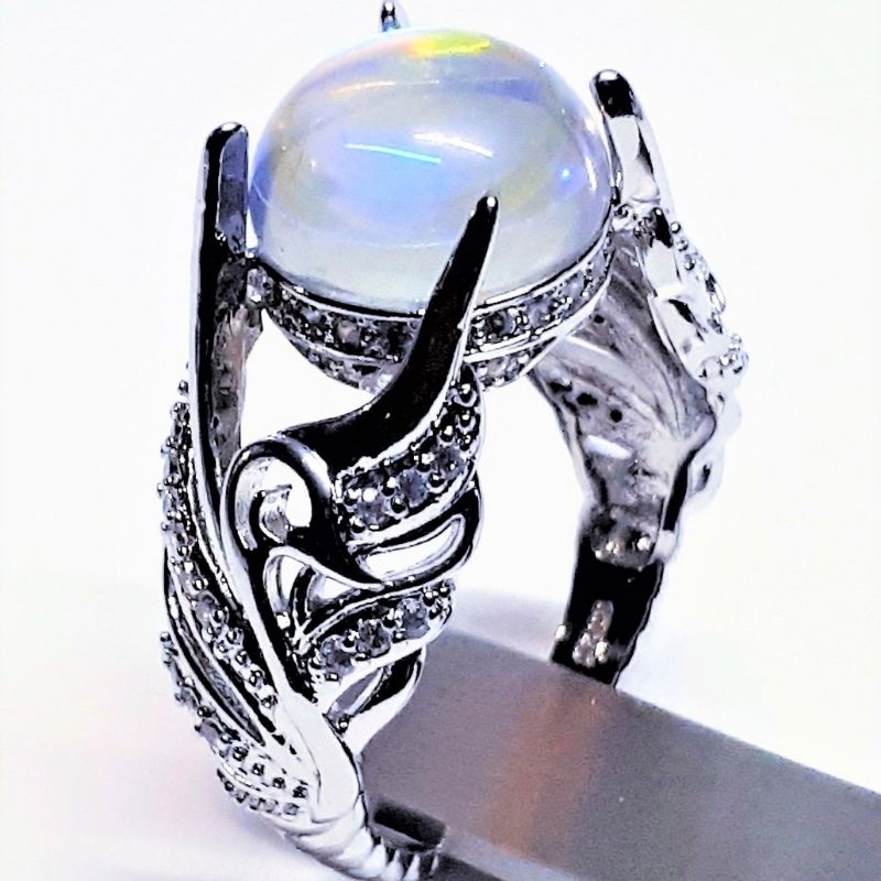 Anillos De Compromiso Vintage coloridos para mujer, sortija de corte Circular grande con alas de Ángel, piedra lunar, joyería para mujer