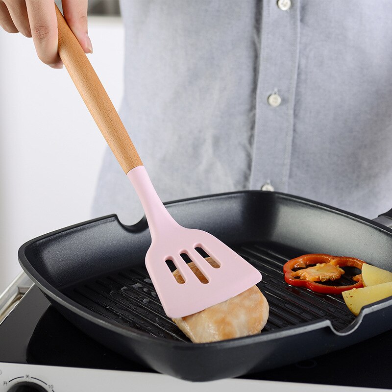 JOYLOVE 11 Uds conjunto de utensilios de cocina de silicona, mango de madera sólida rosa con caja de almacenamiento, Kit de utensilios de cocina accesorios de herramientas de cocina
