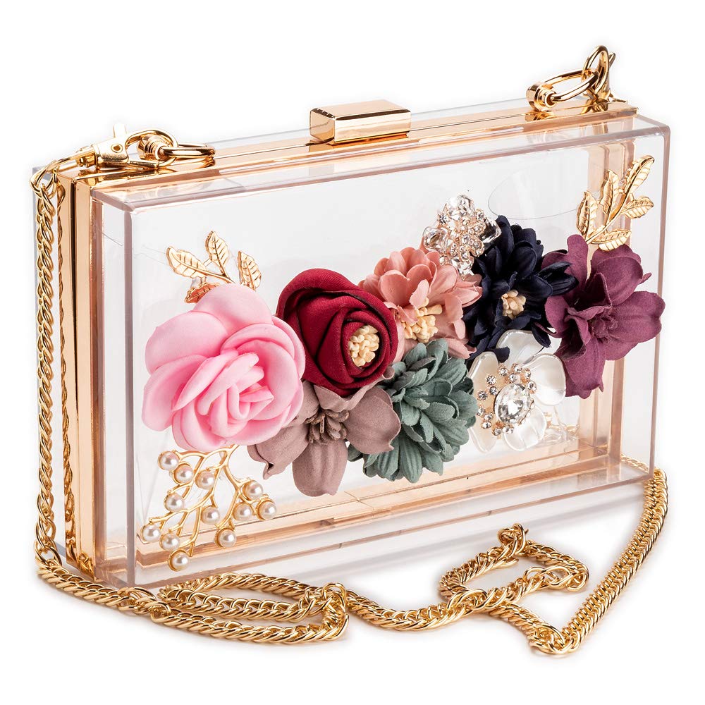 LJL-Women PVC+ fabric Flower Clutches Crossbody Floral Purse With Gold Chain Pearls Beaded Evening Bags For Wedding Prom Banq: Default Title