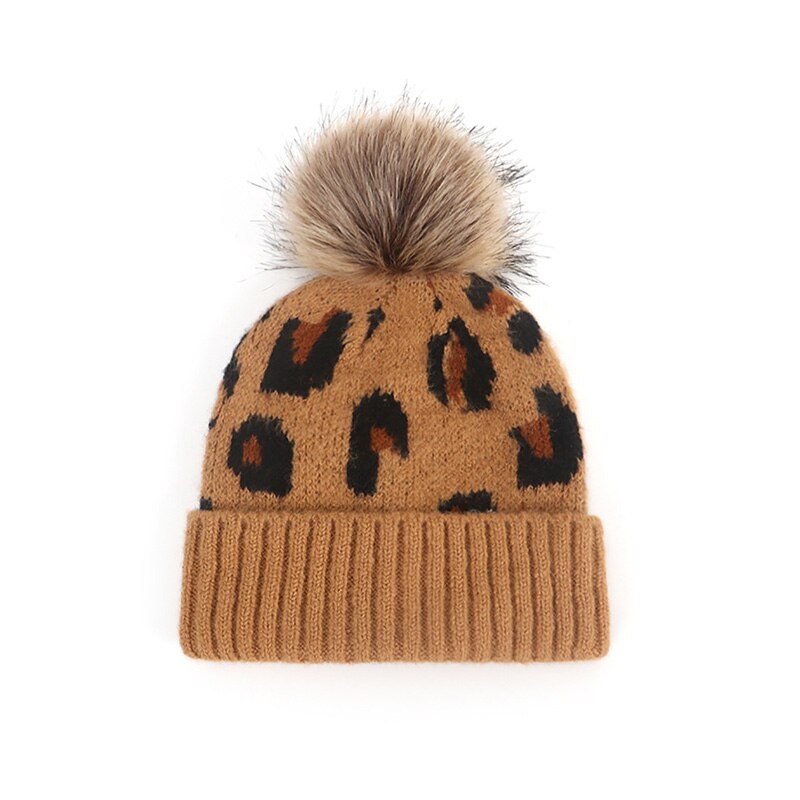 Pompom baby hatt leopard tryckt barn flicka pojke höst vinter mössa mössa mjuk stickad varma barn småbarn mössor keps: Kaffe