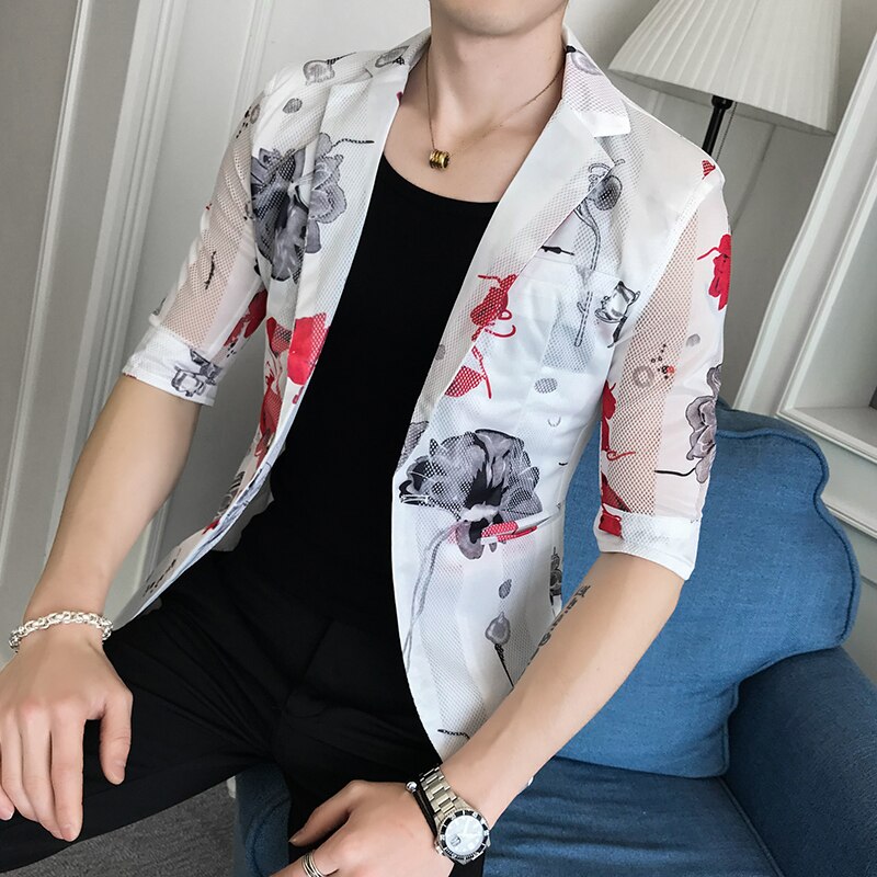Men Blazer Thin Summer Print Hollow Suit Jacket Single Button Half Sleeve Male Nightclub Slim Fit Party Blazers: white flower / M