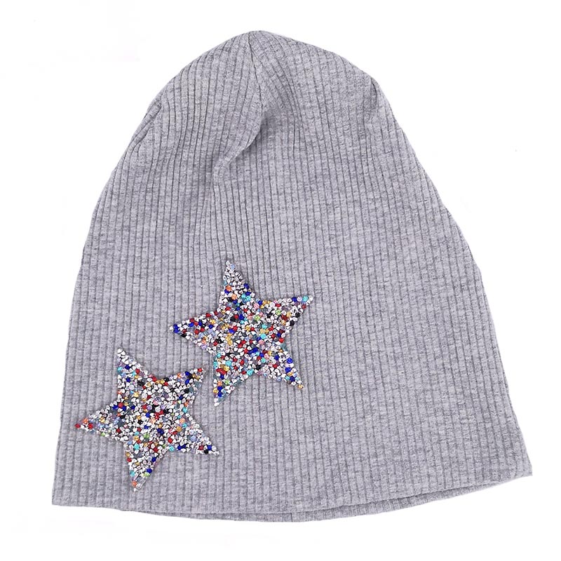 Gzhilovingl färgglada strass stjärnmössor hattar för kvinna dam höst vinter bomull ribbad slouch skullies hattar: Grå