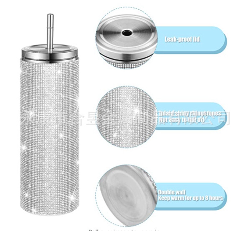 Luxury Diamond 20oz Bling Rhinestone Crystal skinny Tumbler Double Walled Insulated Stainless Steel Skinny Thermo With Lid Straw