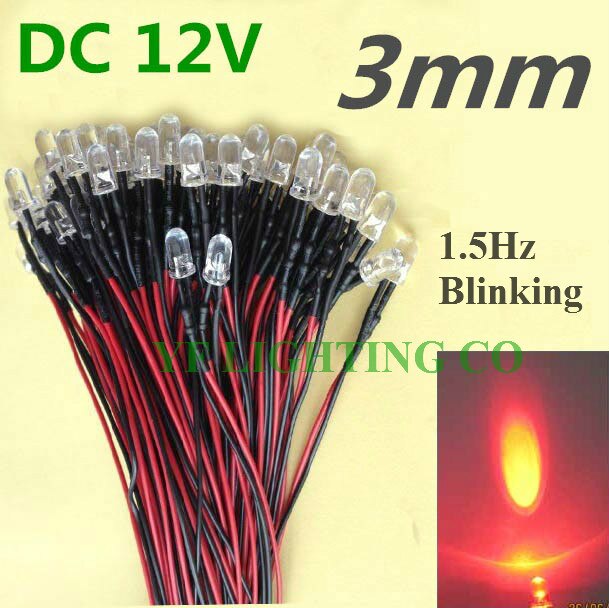 3mm Prewired LED High bright White 20cm 12V Pre Wire 1.5Hz Blinking indicator leds