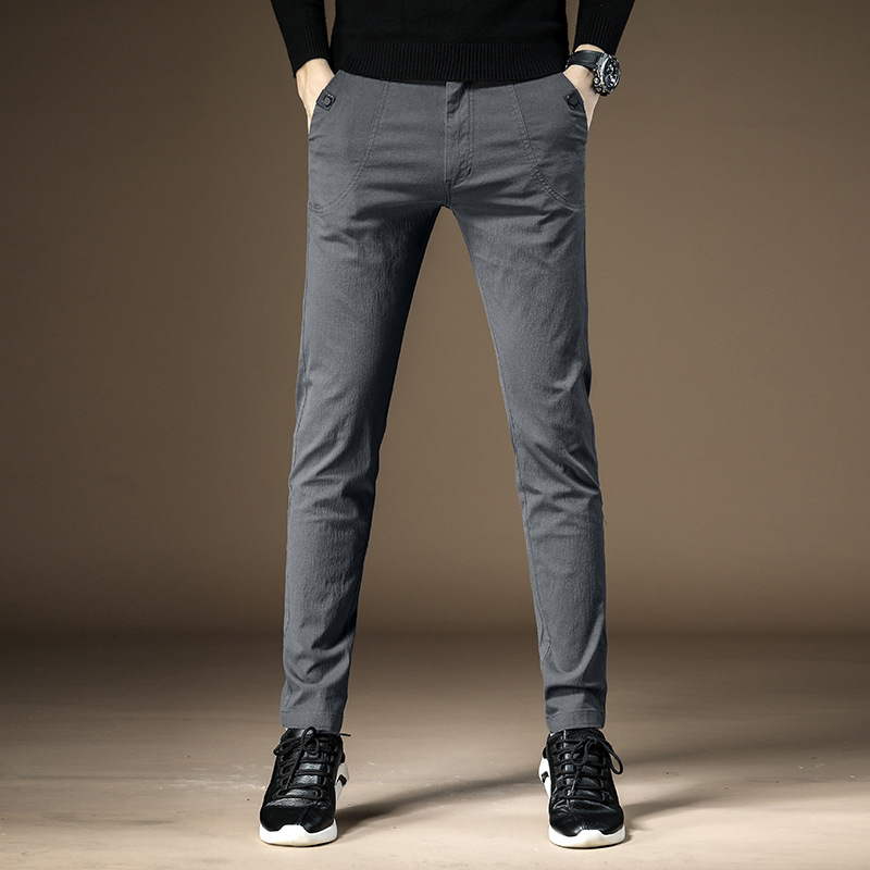 men's casual pants fitness cotton blends long trousers plus size winter elastic dark grey young leisure slacks: Gray / 34