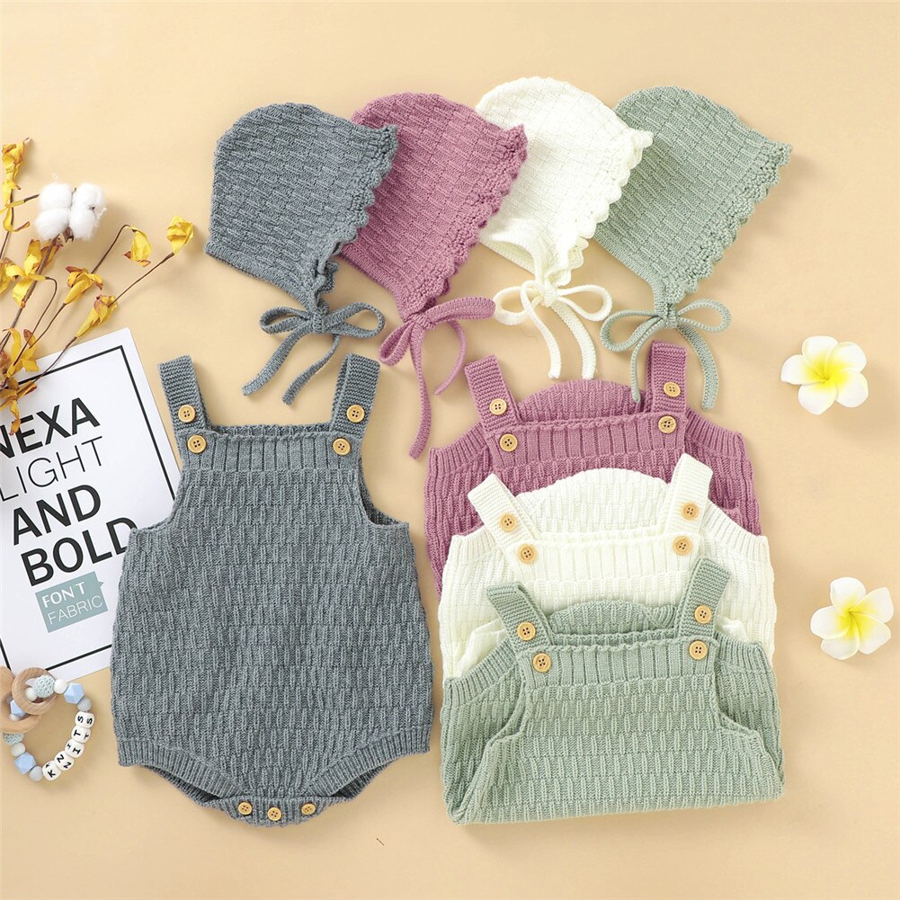 Focusnorm 4 Kleuren Baby Meisjes Jongens Gebreide Trui Rompertjes Hoeden 2 Stuks Solid Ruches Mouwloze Warm Jumpsuits
