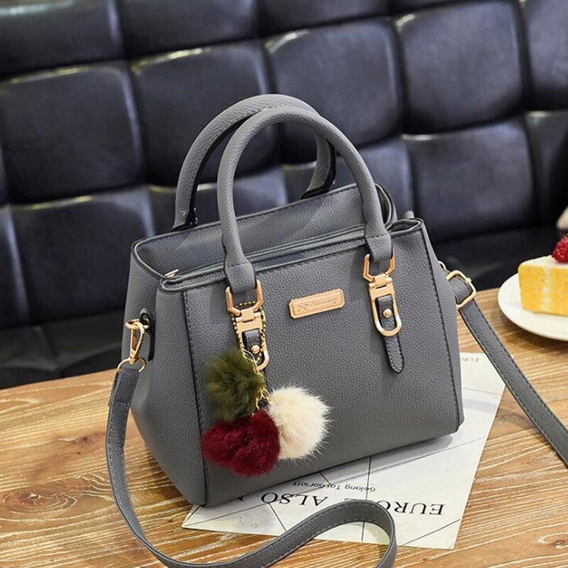 Women Furry Ball Multifunction Pu Leather Waterproof Handbag Simple Women's Large Capacity Diagonal Bag: Dark gray