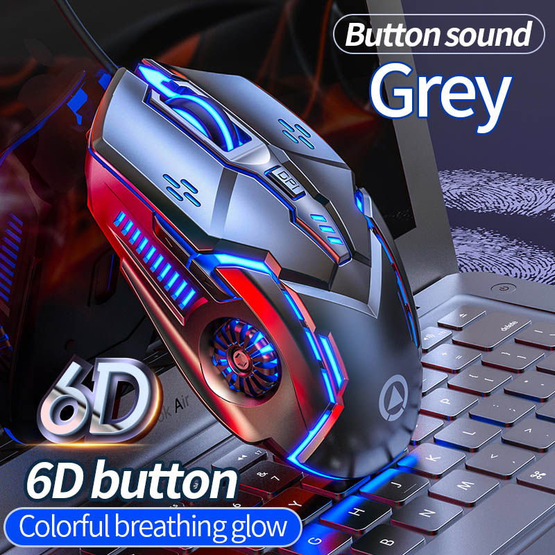 Ergonomic Wired Gaming Mouse LED 3200 DPI USB Computer Mouse Gamer RGB Mice Breathing Light 6 Keys Control Mouse for PC Laptop: Grey Mouse
